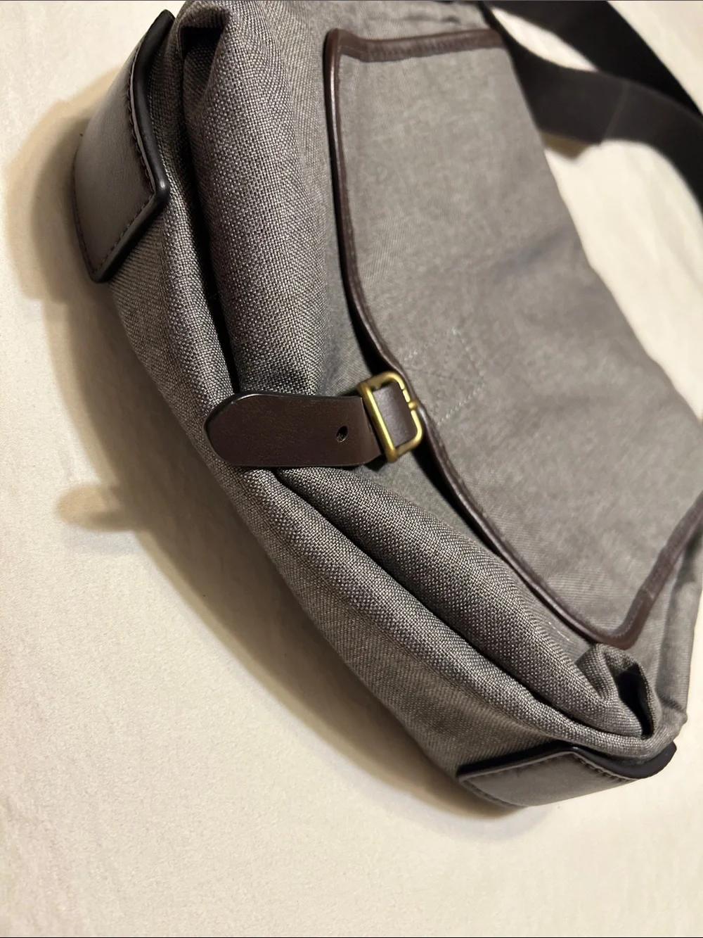 Fossil Gray Canvas Messenger Bag with Brown Trim